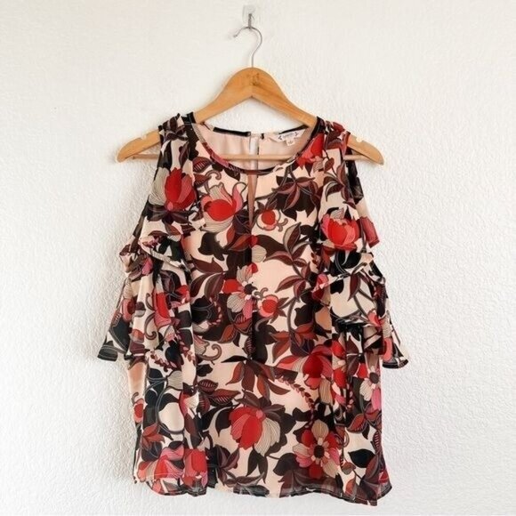 Nanette Lapore Size Medium Floral Cold Shoulder Ruffle Sleeve Blouse - Picture 1 of 9